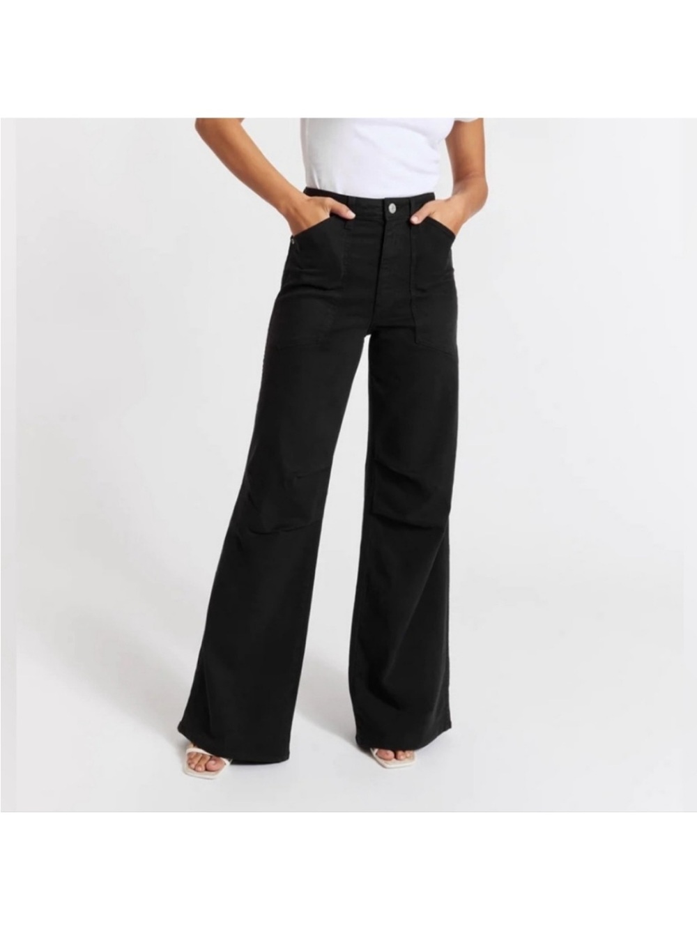 AMO Severine Cargo Wide Straight Leg Jeans Black 25